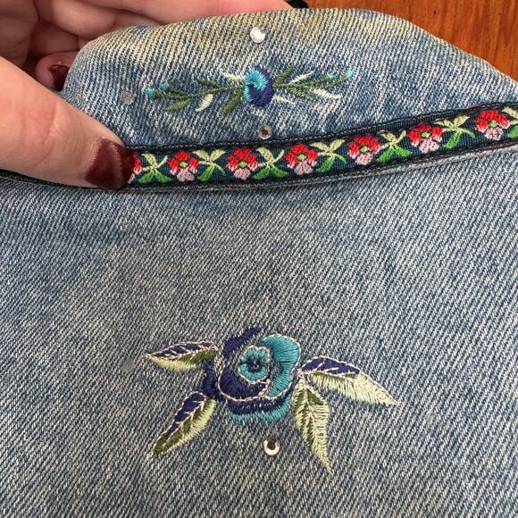Vintage 90s Bill Blass Embroidered Floral Rhinestone Denim Vest M Cottage Garden - Picture 10 of 13